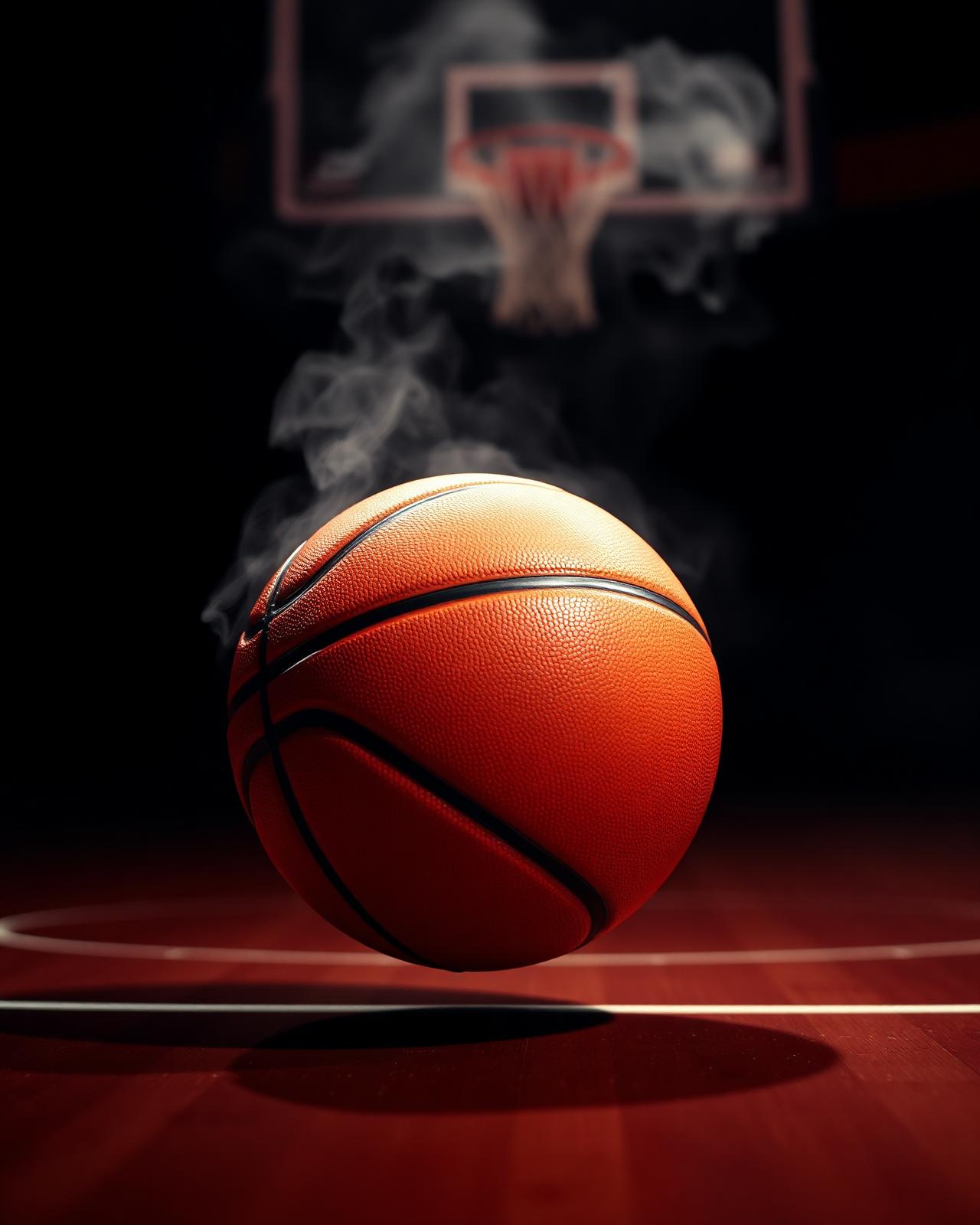 Basketball on hardwood under red light